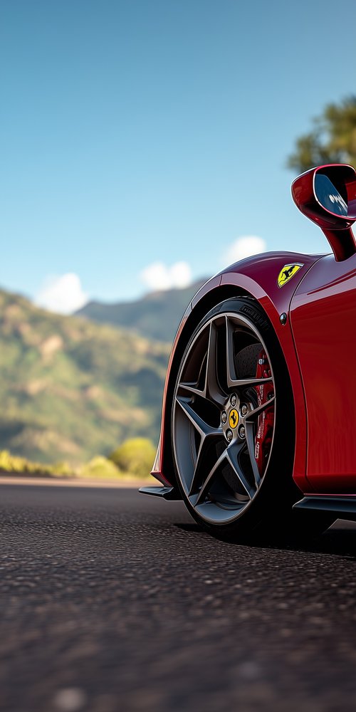 A red sports car is parked on the side of the road wallpaper