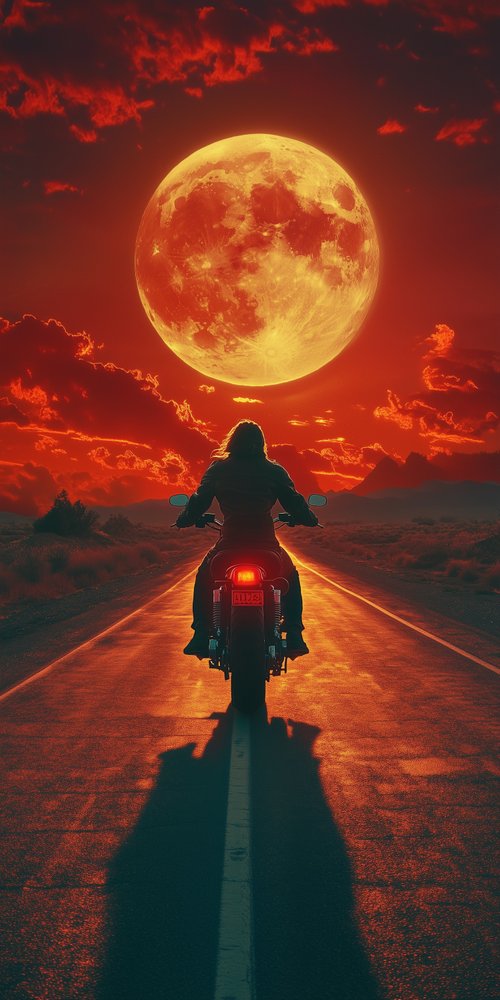 Motorcyclist under large moon wallpaper