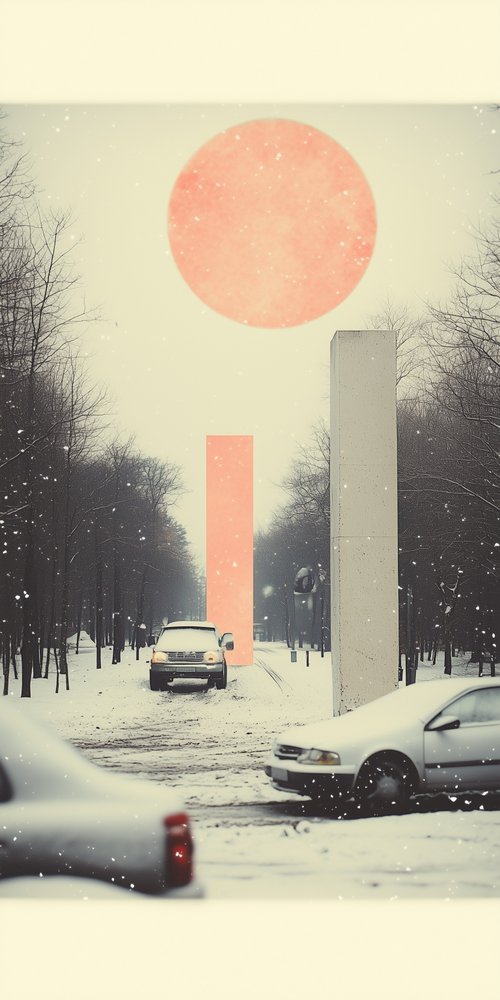 A red sun is shining over a snowy street wallpaper