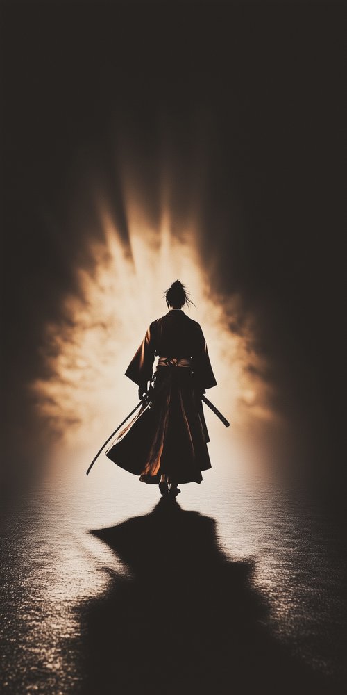 A man in a kimono robe and a sword stands in the dark wallpaper