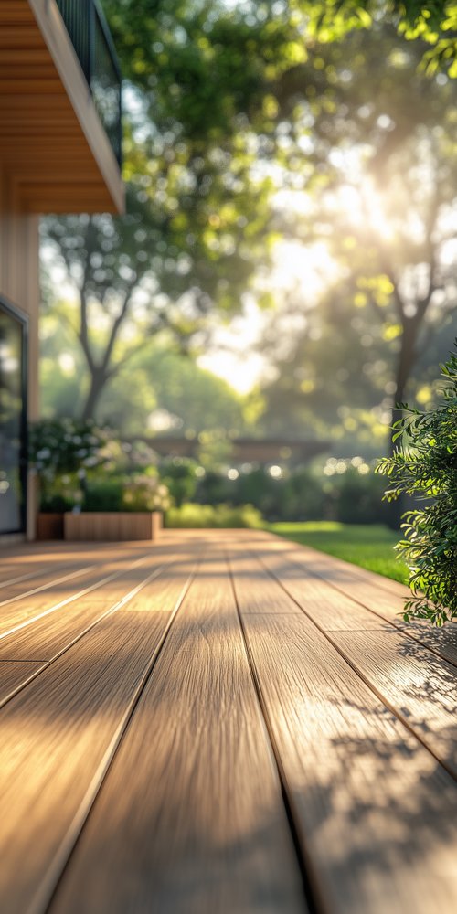 A wooden deck with a plant in the middle wallpaper