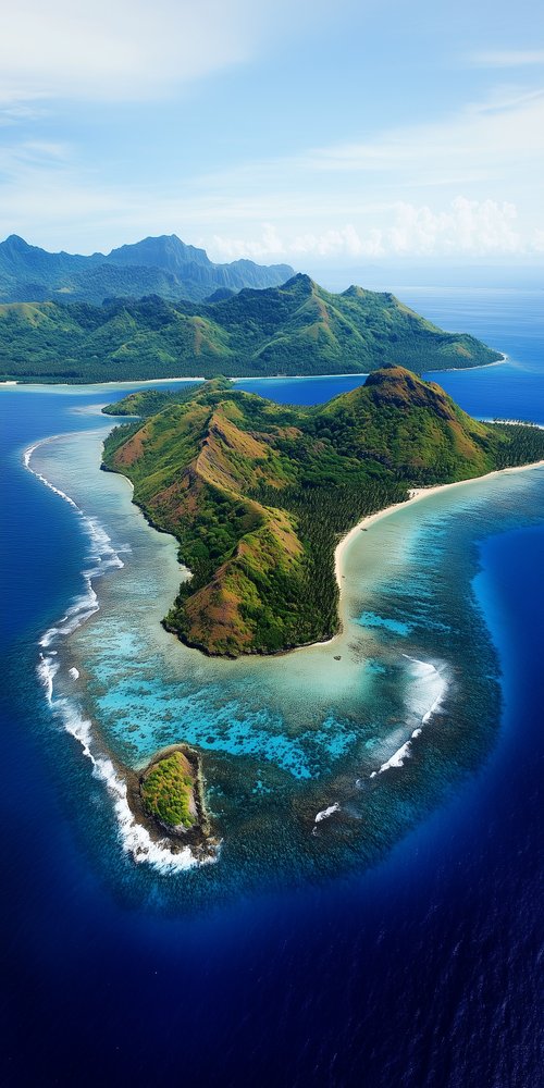 Tropical island with lush mountains wallpaper