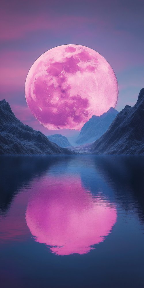 Massive pink moon over mountain lake wallpaper