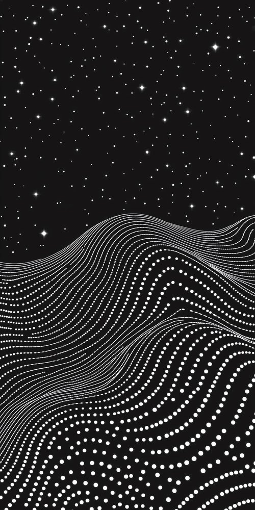 A black and white illustration of a mountain with stars wallpaper