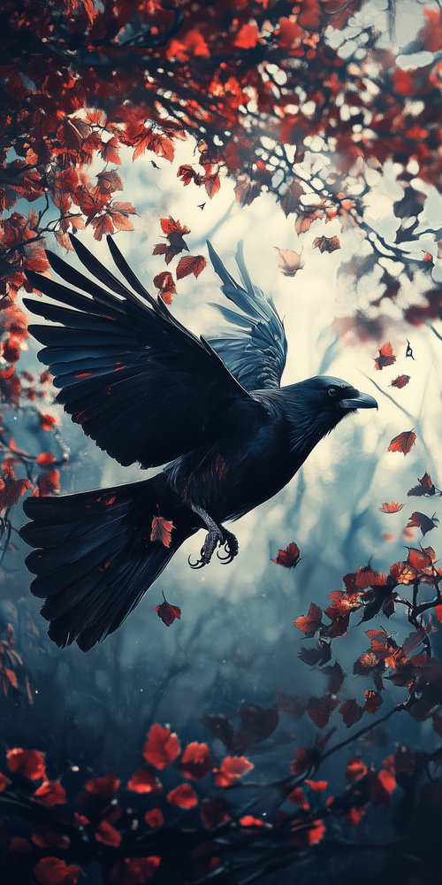 Crow flying among red leaves wallpaper