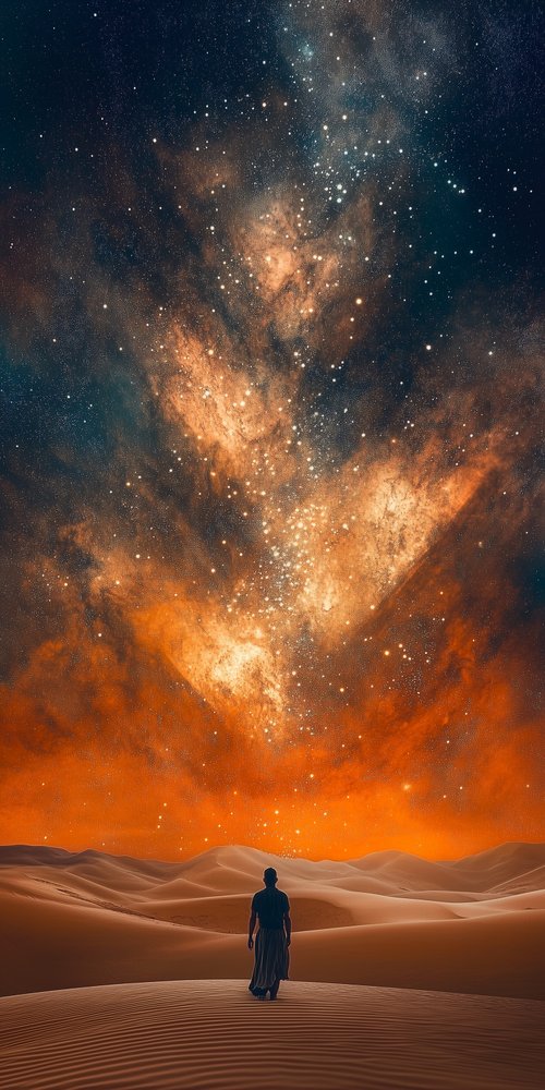 A man standing in the desert looking at the stars wallpaper