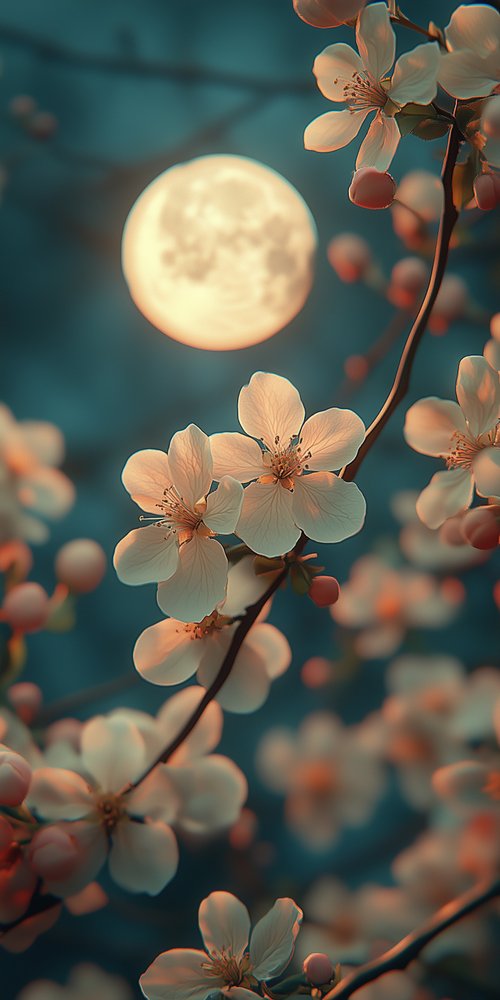 Flowers and full moon scene wallpaper