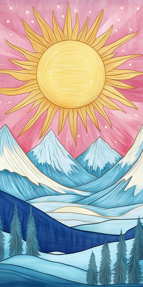 Sun mountains and trees illustration wallpaper