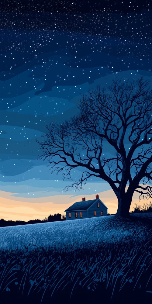 Starry night house and tree wallpaper