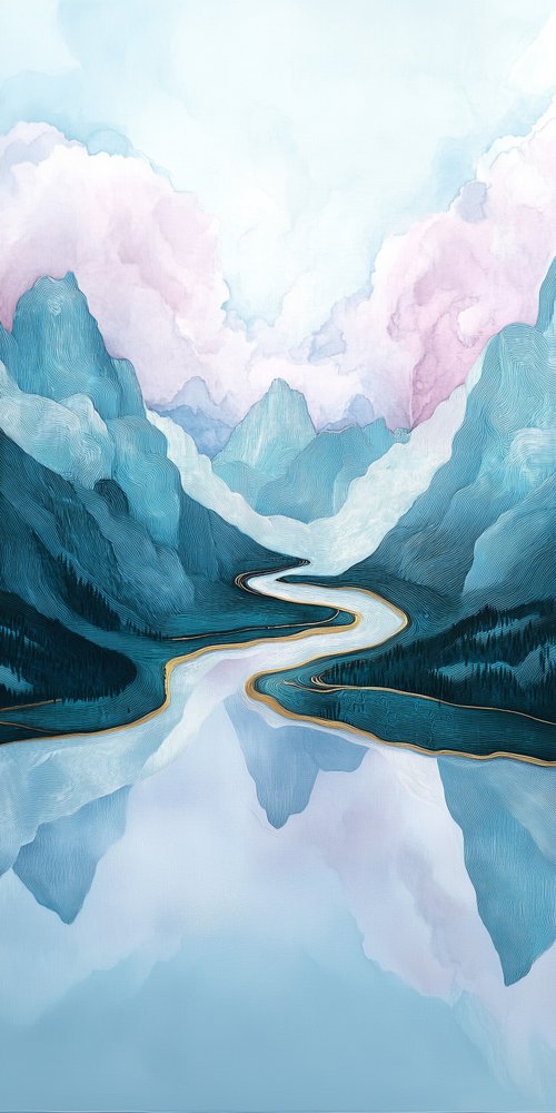 Mountain landscape with winding river wallpaper