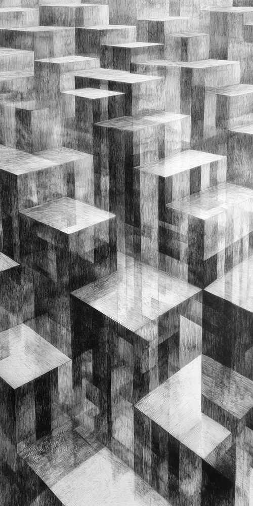 A black and white photo of a cube pattern wallpaper