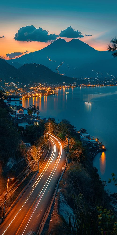 Lake view sunset road wallpaper
