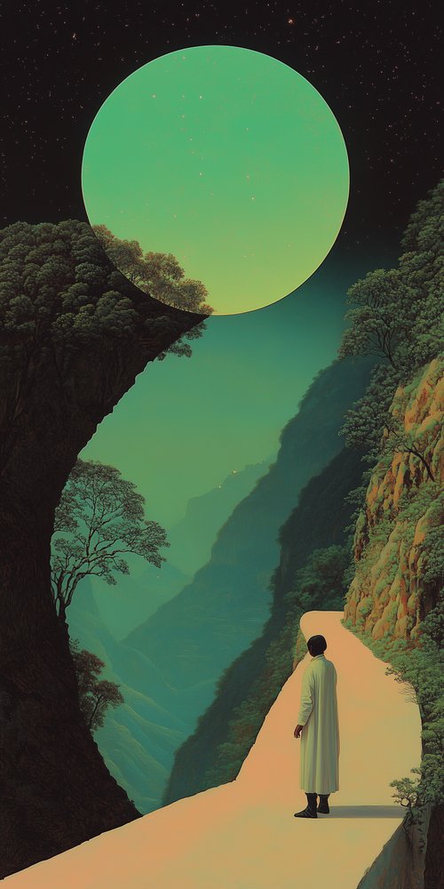 A man standing on a cliff looking at a full moon wallpaper