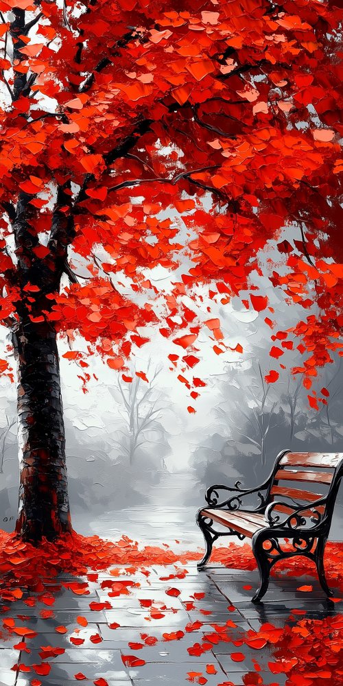 A bench under a tree with red leaves wallpaper