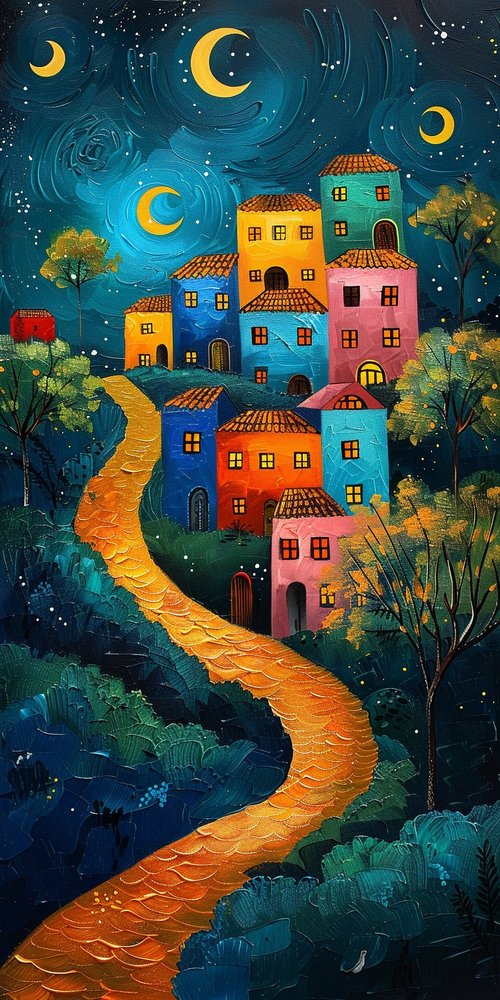 Colorful village night sky painting wallpaper