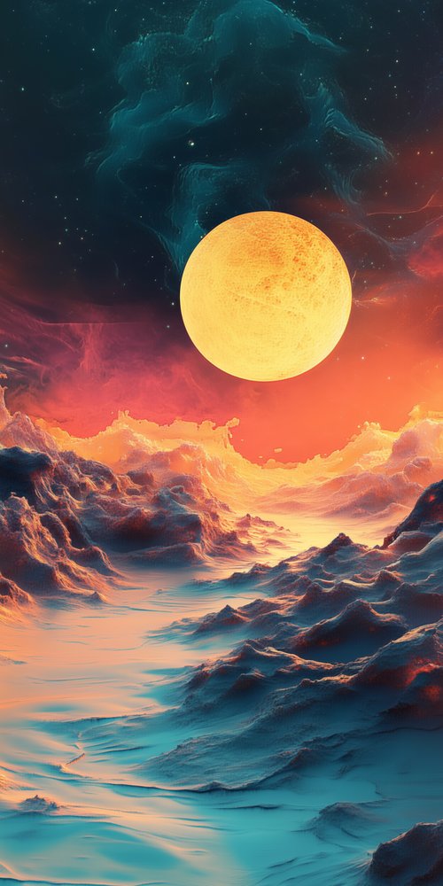 Surreal landscape with large moon wallpaper