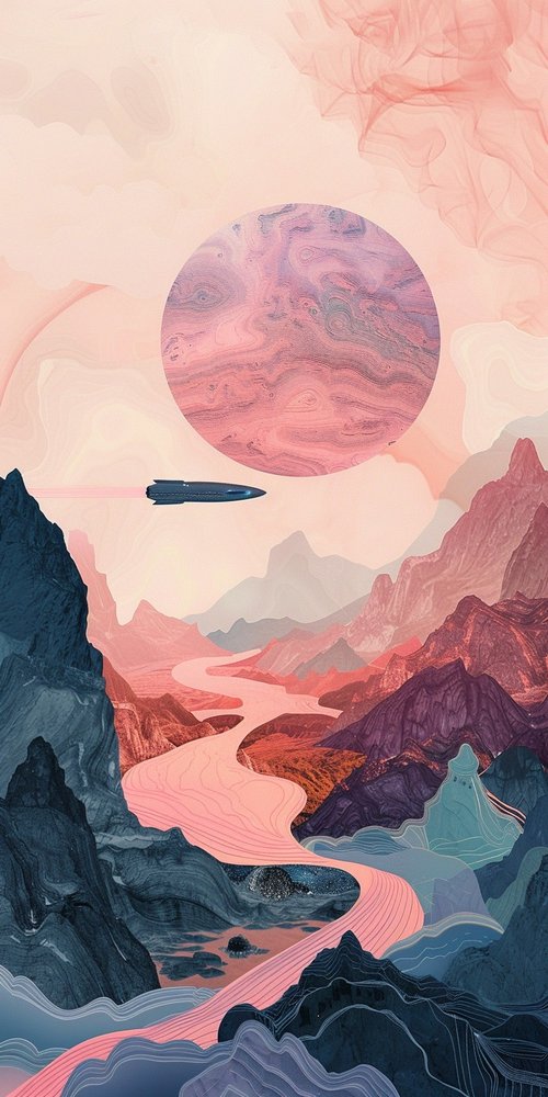 Surreal landscape with spaceship wallpaper
