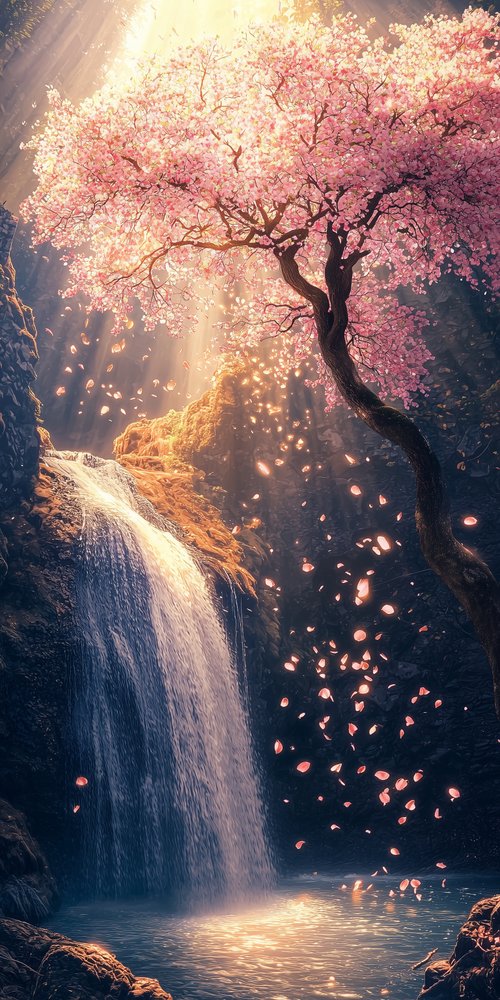 Cherry blossom tree waterfall scene wallpaper