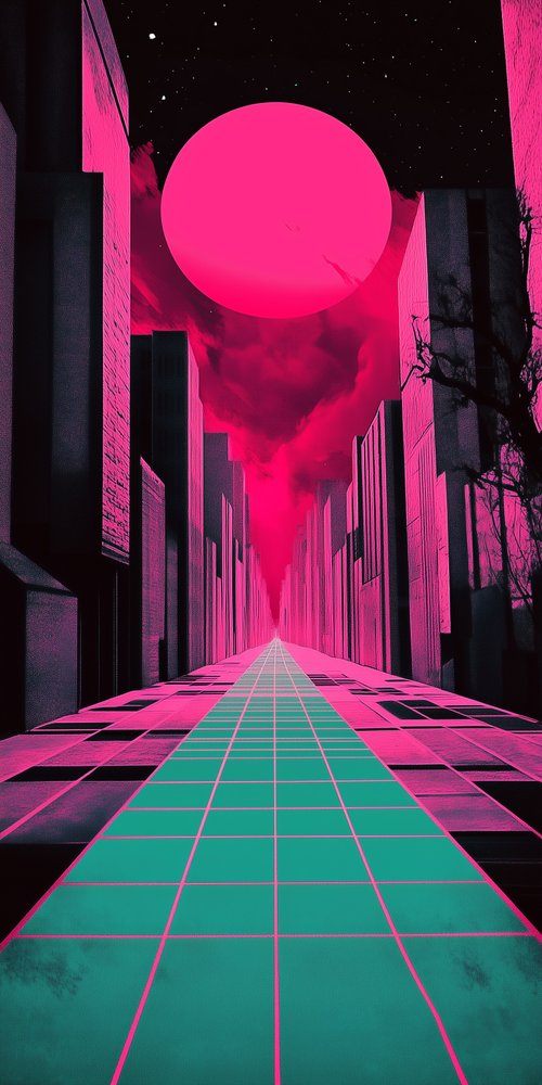 A pink and green street with buildings and a pink ball wallpaper