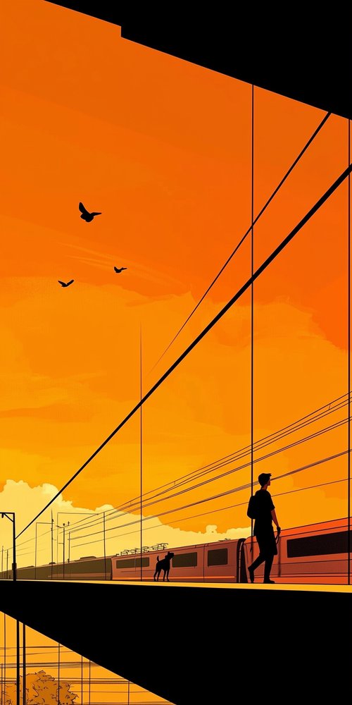 A man walking across a bridge with a dog wallpaper