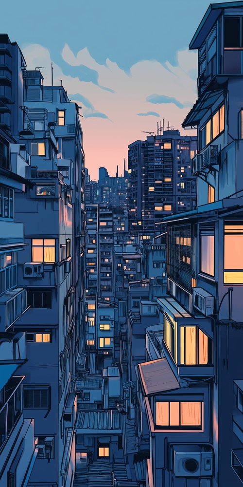 Dense cityscape at dusk wallpaper