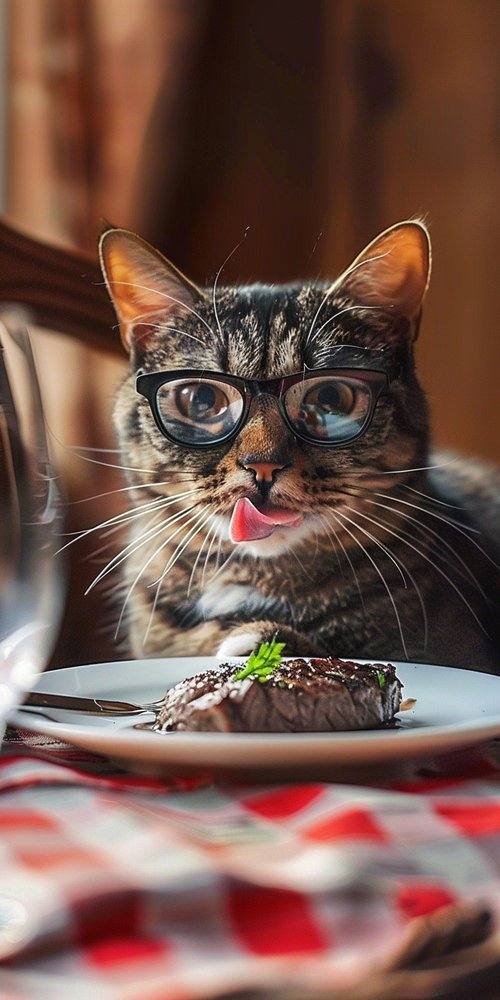 Cat wearing glasses with steak wallpaper
