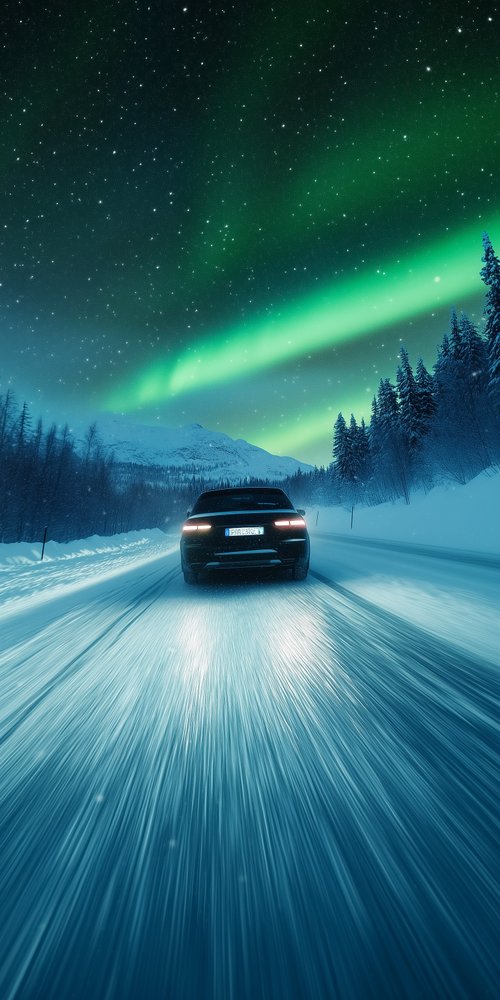 Car on snowy road aurora borealis wallpaper