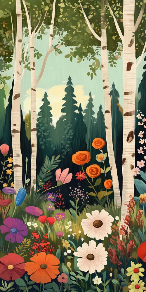 Colorful flowers and birch trees wallpaper