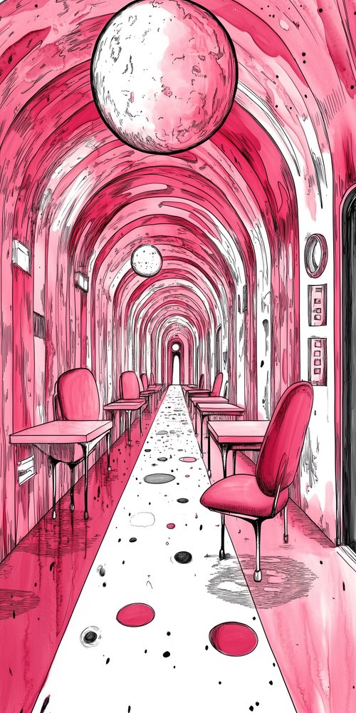 A pink hallway with chairs and tables wallpaper