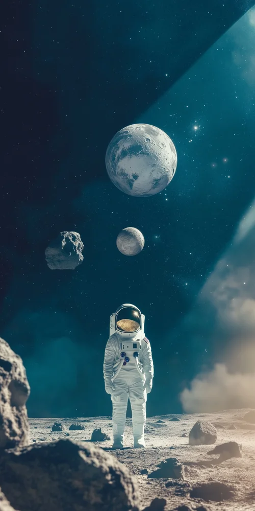 An astronaut standing on the moon with a space shuttle in the background wallpaper