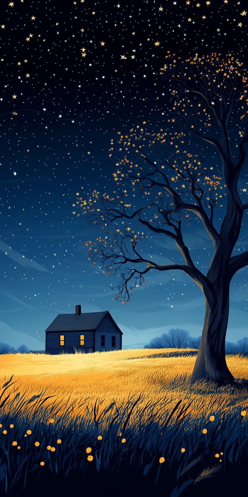 Starry night over rural house wallpaper