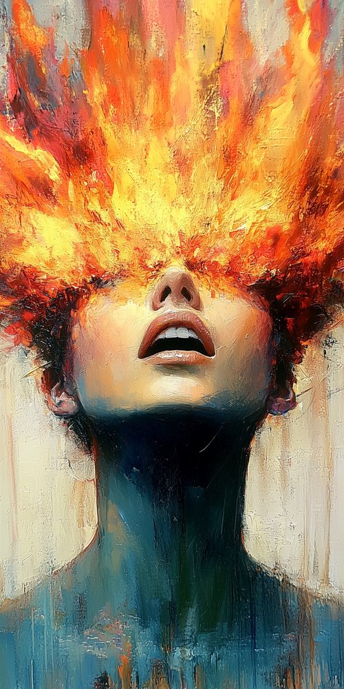 A painting of a woman with fire on her head