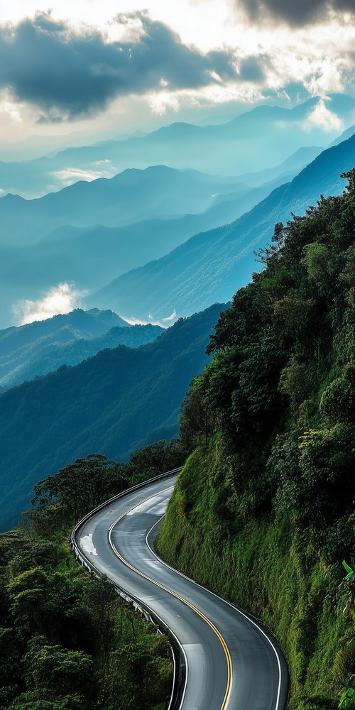 Winding road through green mountains wallpaper