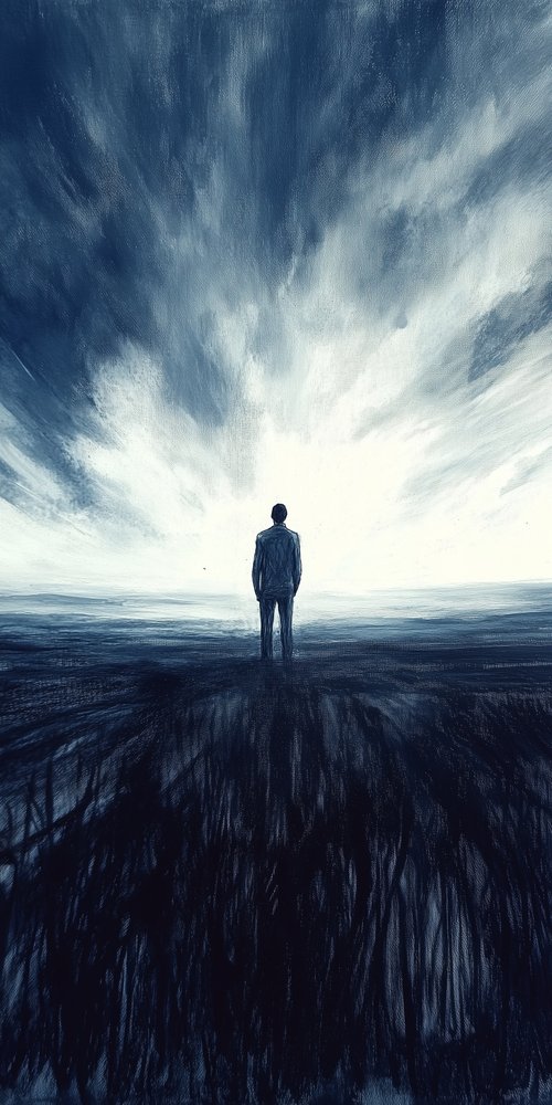 A man standing in a field with a cloudy sky wallpaper