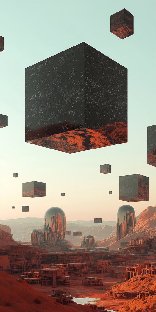 A futuristic city with a lot of cubes floating in the air wallpaper