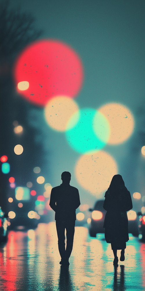 Two people walking down a street with umbrellas wallpaper