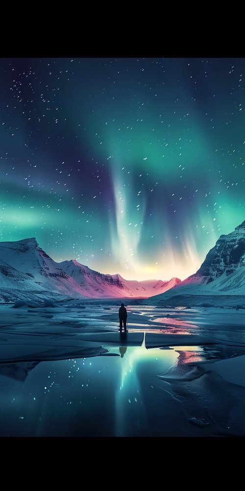 Person under aurora borealis sky wallpaper