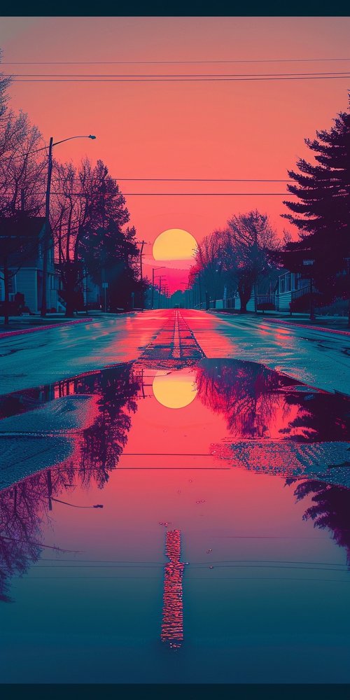 Sunset reflection on wet street wallpaper