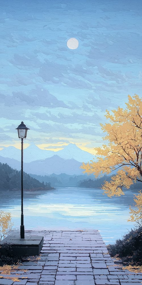 Lake mountains moon lamppost tree wallpaper