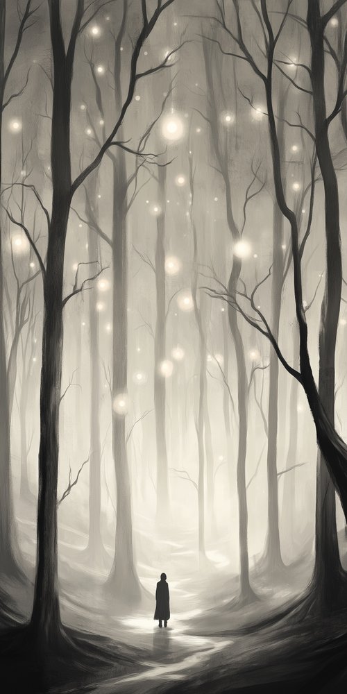 A person walking through a dark forest wallpaper