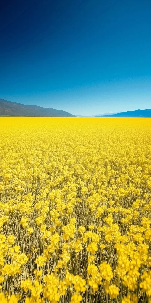 A field of yellow flowers with a blue sky in the background wallpaper