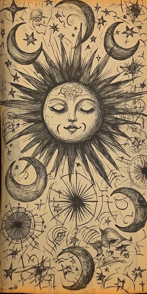 A drawing of a sun and moon with stars wallpaper