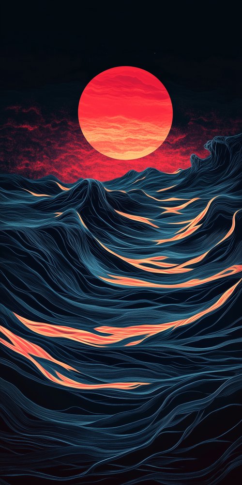 A painting of a sunset over a body of water wallpaper