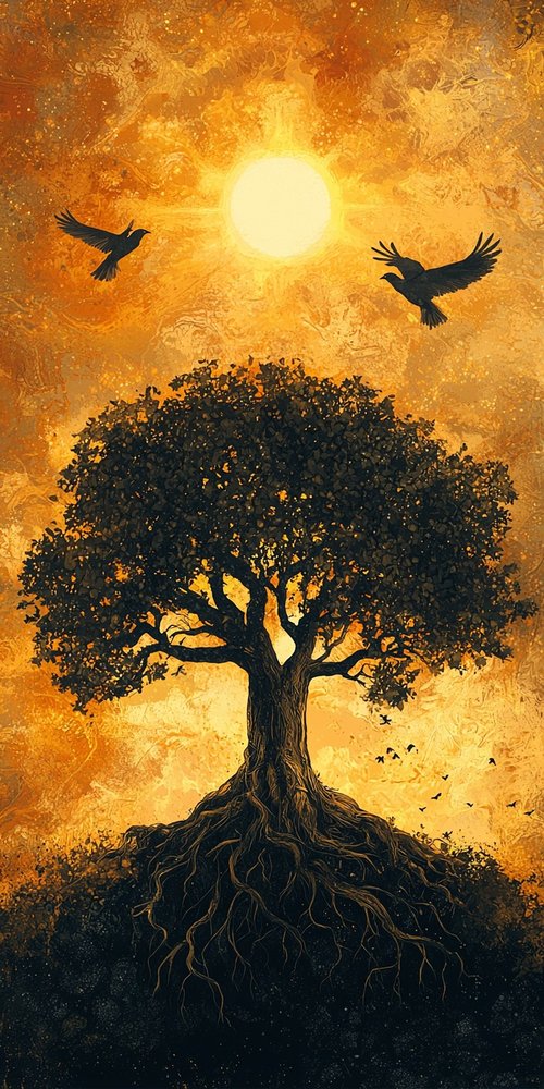 Tree sun birds roots wallpaper