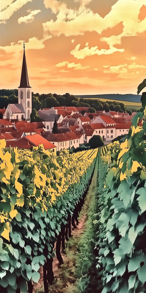 A view of a vineyard with a church in the background wallpaper