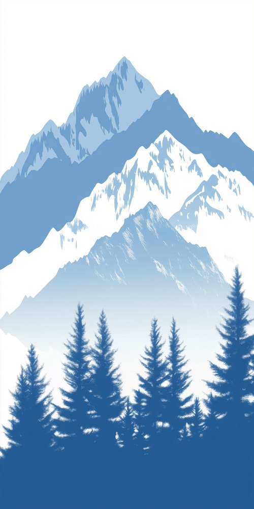 A blue and white mountain scene with pine trees wallpaper