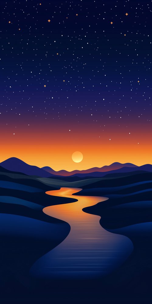 Starry night with sunset river wallpaper