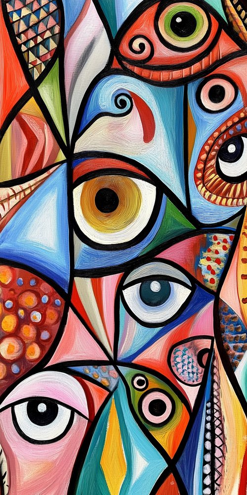 A painting of many different colored eyes wallpaper