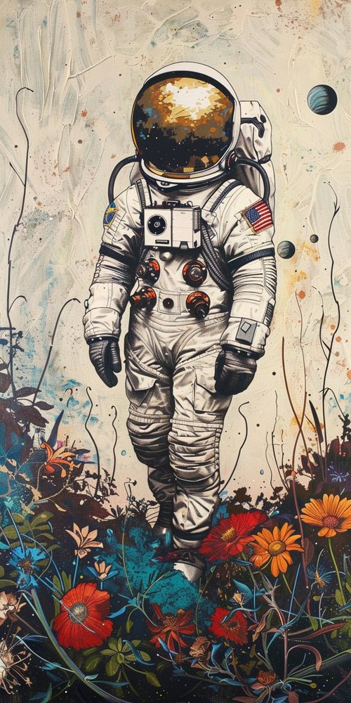 Astronaut in flower field wallpaper