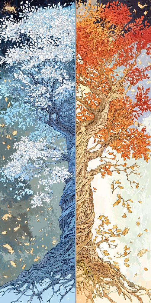 Split tree with seasonal colors wallpaper